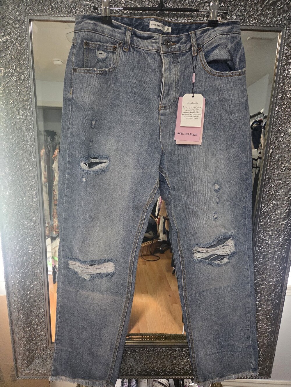 Avec Les Filles Light Blue Distressed Straight Gigh Rise Jeans